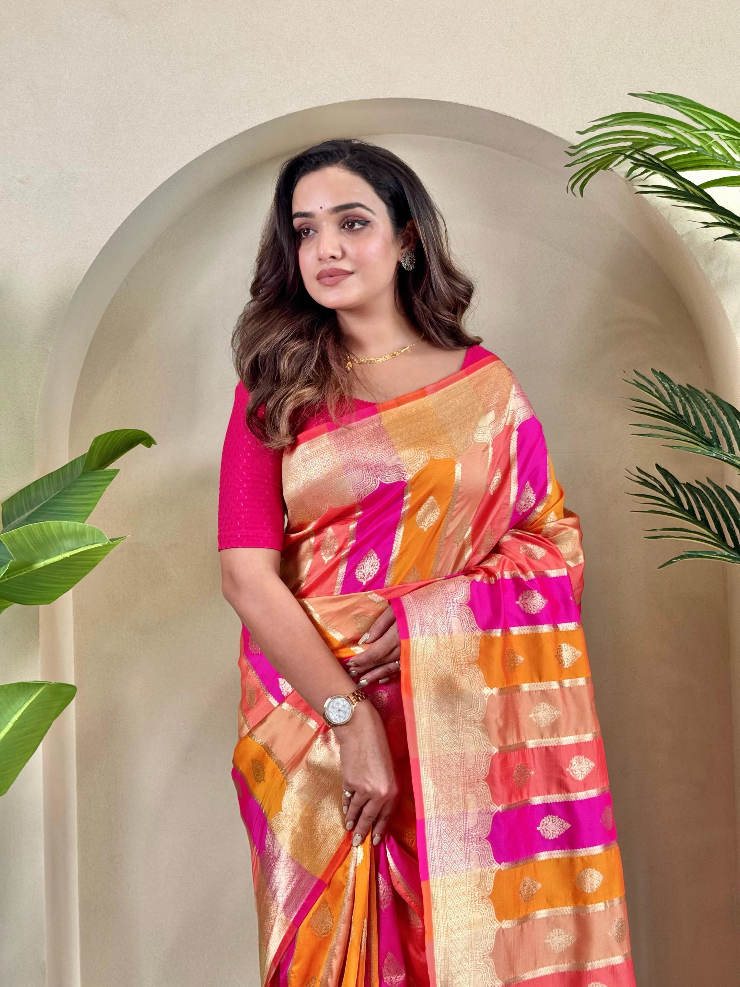 Premium Banarasi Satin Silk Sarees with Contrast Blouse | Wedding & Festive Saree