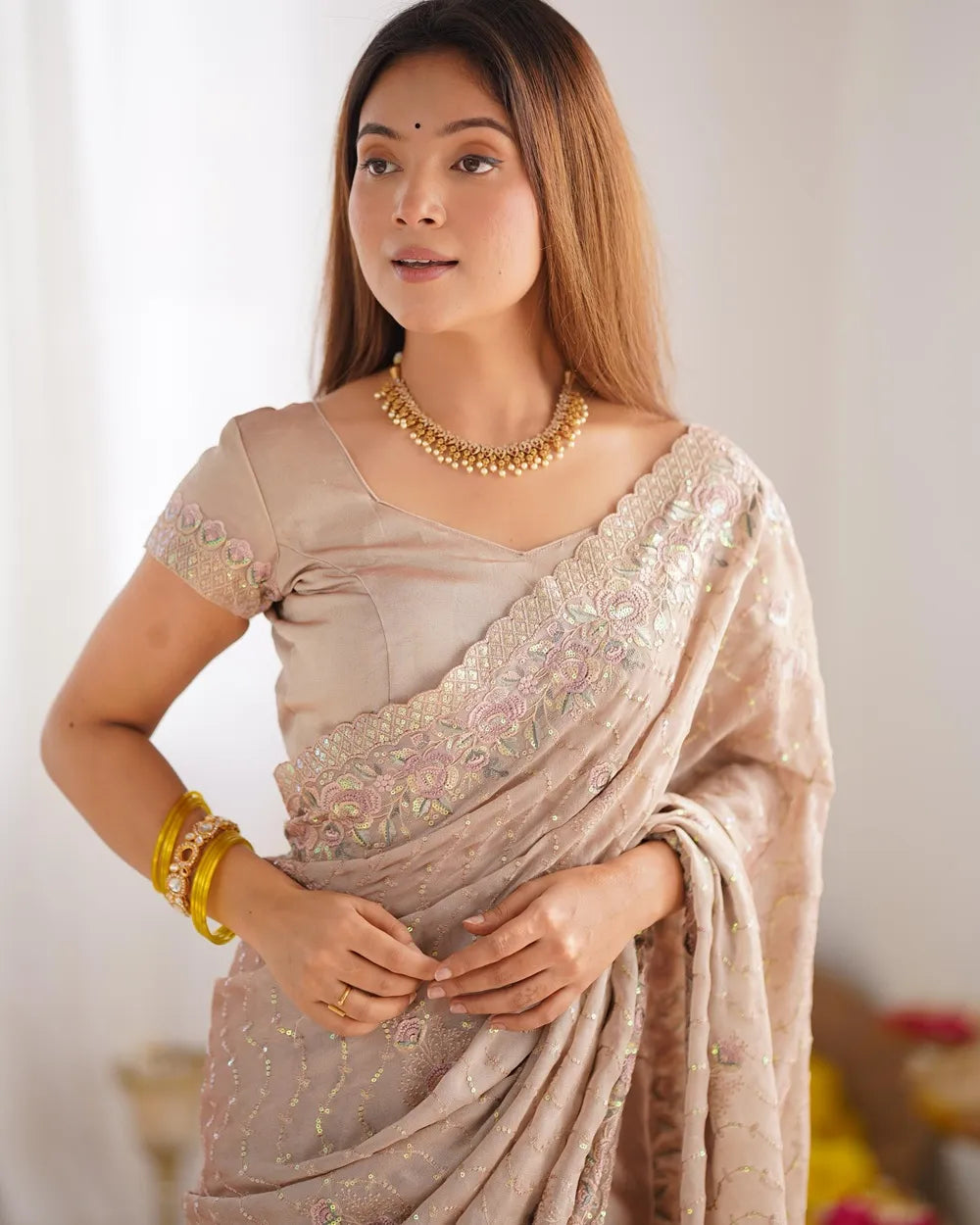 Premium Silk Fabric Saree | Silky Crush Saree with Sequins & Diamond Work