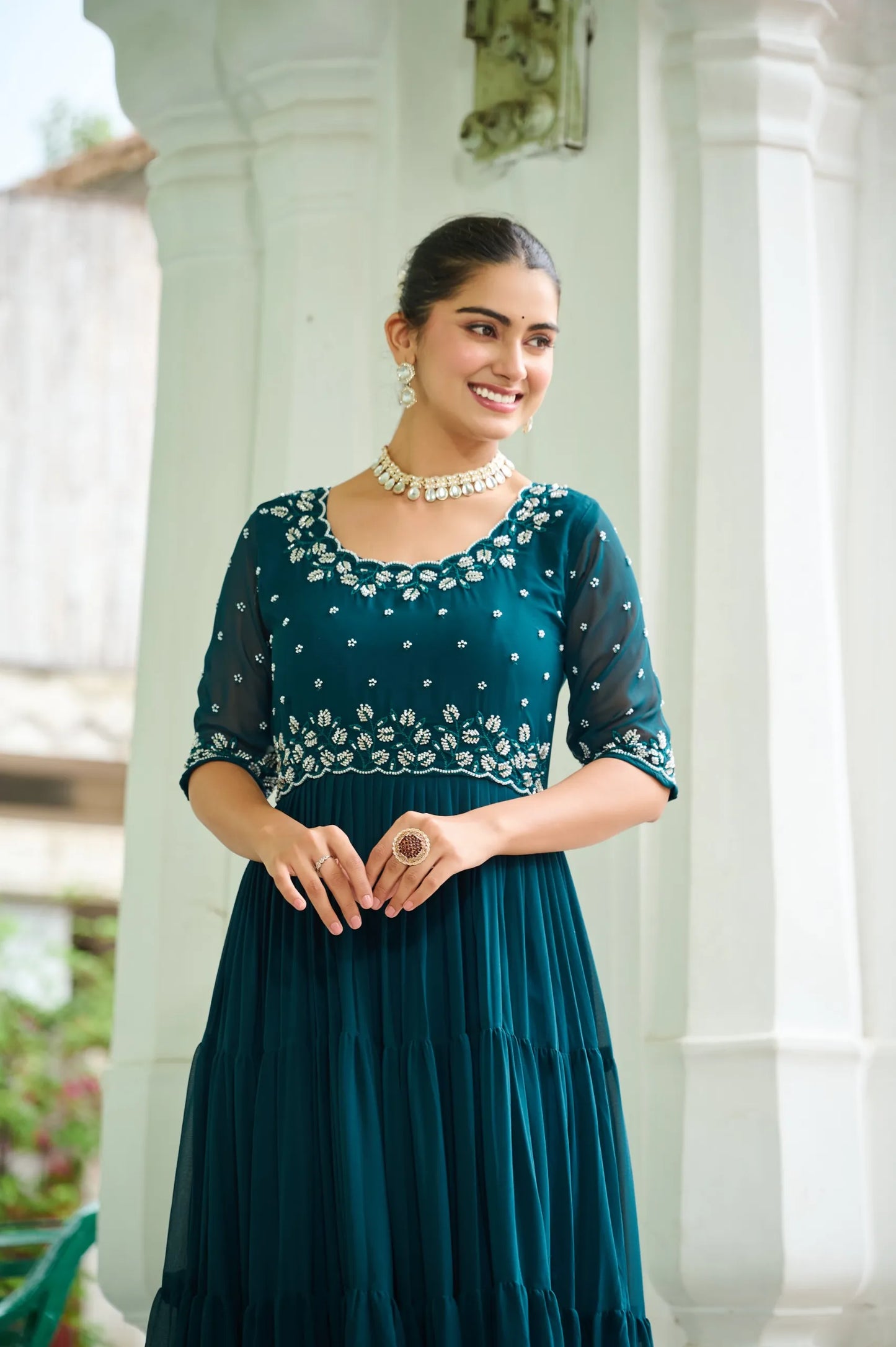 Trendy Embroidered Gown for Women | Half Sleeves & Round Neck Designer Party Gown