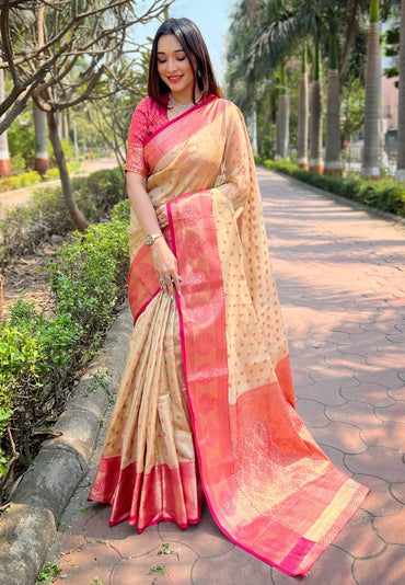 Budget Friendly Tissue Zari Woven Saree | Kanchipuram Pattu Traditional Saree (Biege)