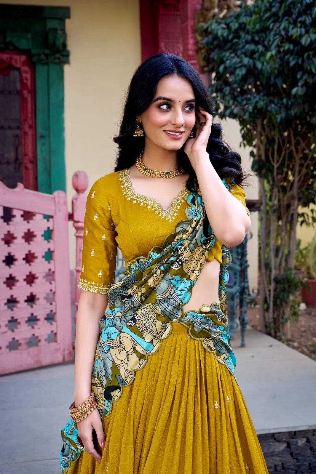 Lehenga Choli for Navratri | Silk Lehenga with Kalamkari Border | Designer Festive Wear (Yellow)
