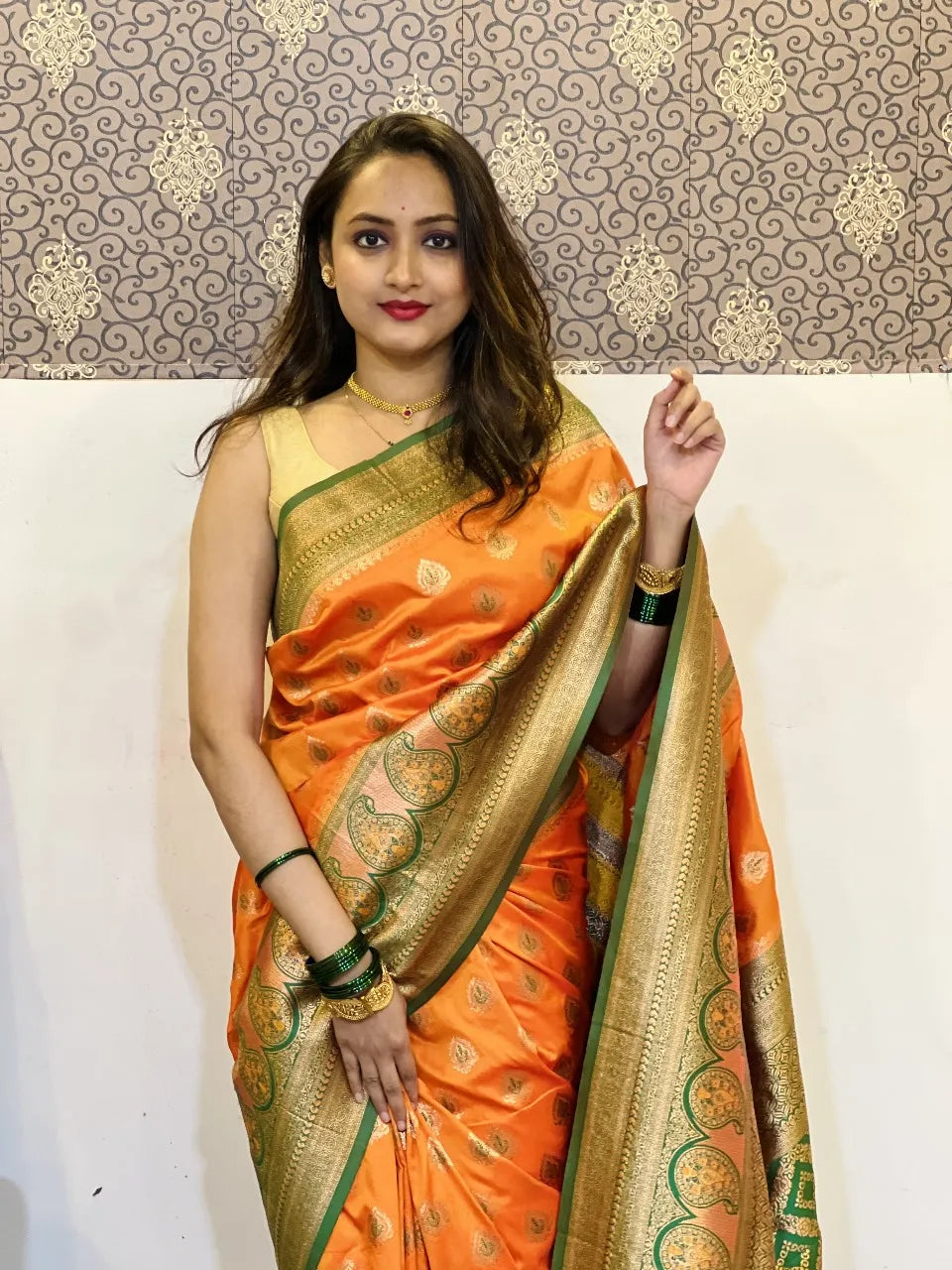 Soft Silk Saree with Zari Weaving | Paithani Saree for Wedding & Festive Wear (Orange)