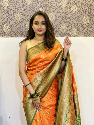 Soft Silk Saree with Zari Weaving | Paithani Saree for Wedding & Festive Wear (Orange)