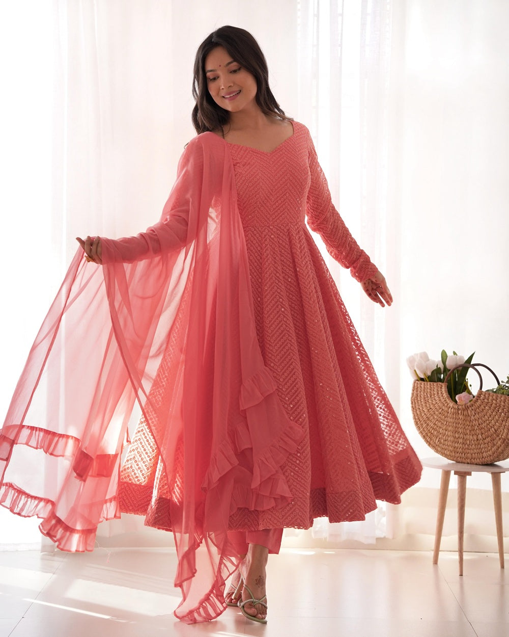 Designer Georgette Anarkali Suit Set | Lucknowi Sequence Work Anarkali with Dupatta & Pant