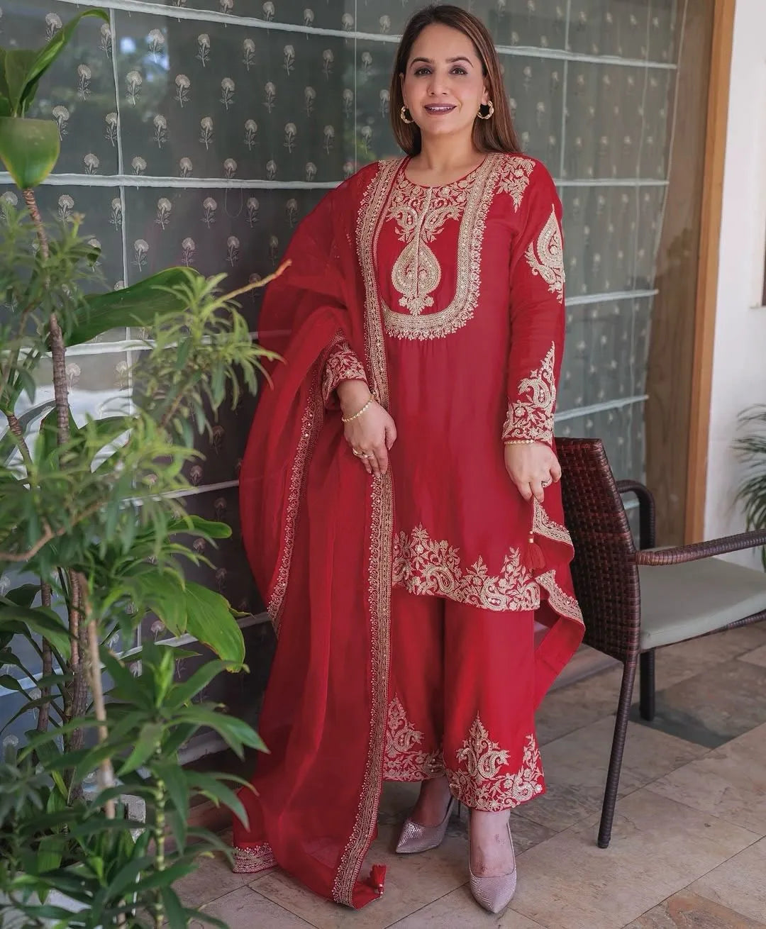 Designer Party Wear Suit | Heavy Chinon Silk with Embroidery & Sequins (Red)