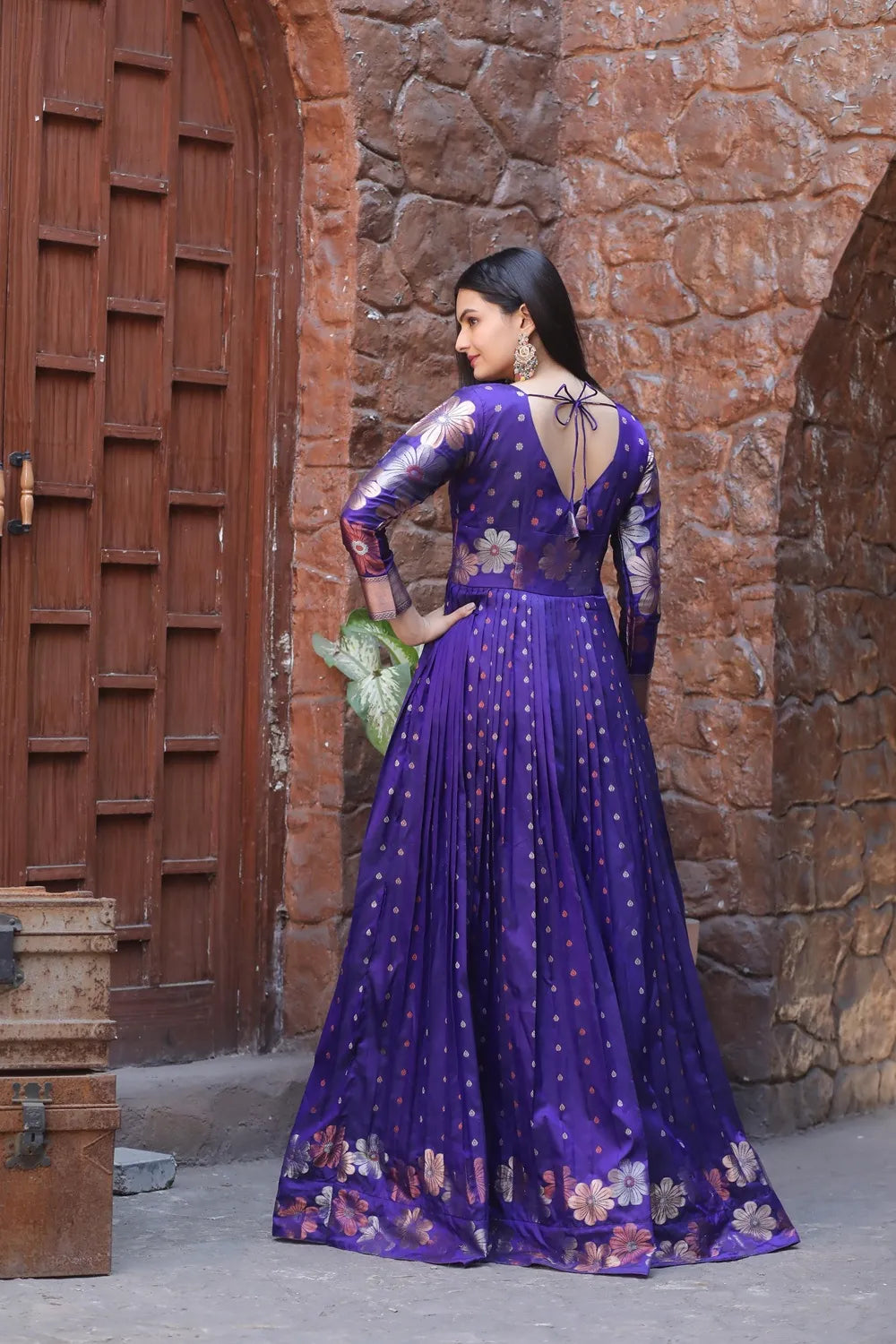 Premium Soft Silk Fabric Gown with Banarasi Zari Weaving Sleeves | Designer Ethnic Gown