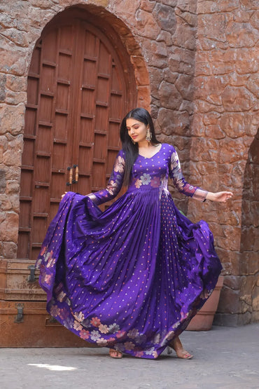 Premium Soft Silk Fabric Gown with Banarasi Zari Weaving Sleeves | Designer Ethnic Gown