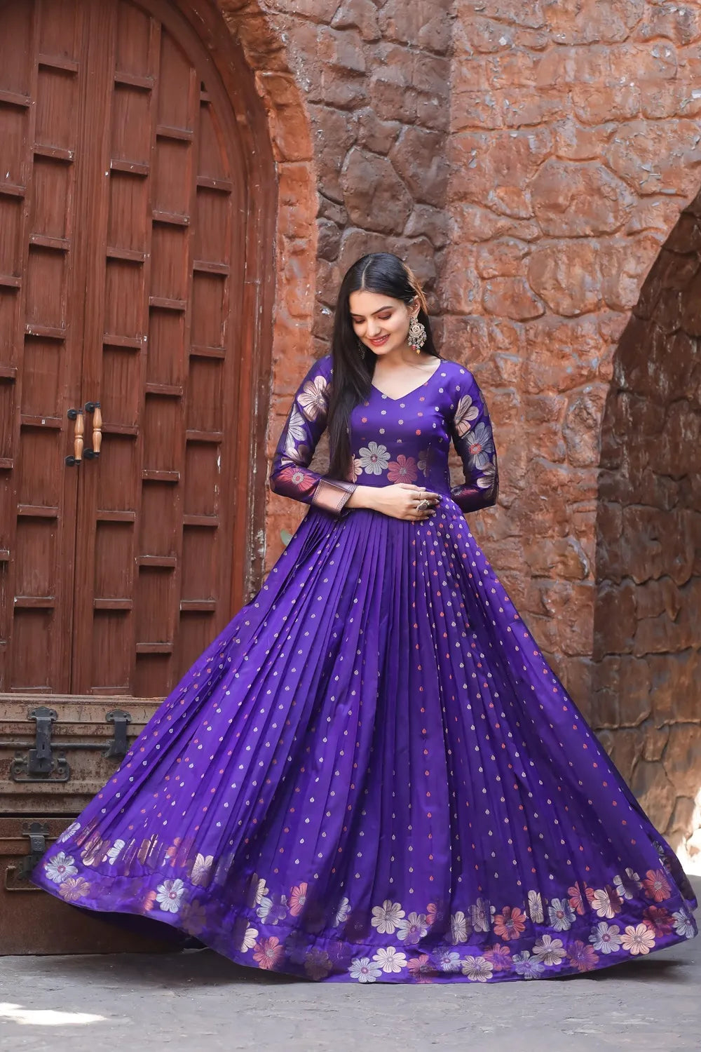 Premium Soft Silk Fabric Gown with Banarasi Zari Weaving Sleeves | Designer Ethnic Gown