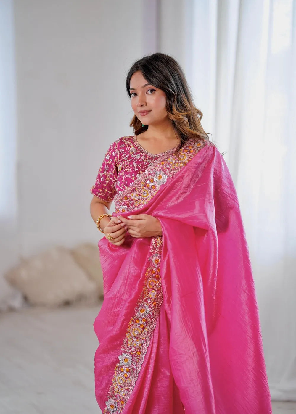 Trending Embroidery Saree | Premium Gold Crush Best-Selling Designer Saree