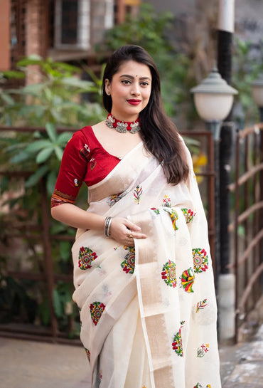 Premium Ivory Linen Saree with Raasleela Embroidery & Gold Zari Temple Border