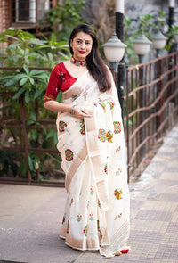 Premium Ivory Linen Saree with Raasleela Embroidery & Gold Zari Temple Border