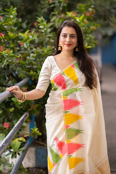 Soft Silk Handwoven Saree – Multicolour Temple Design with Zari Pallu & Tassels