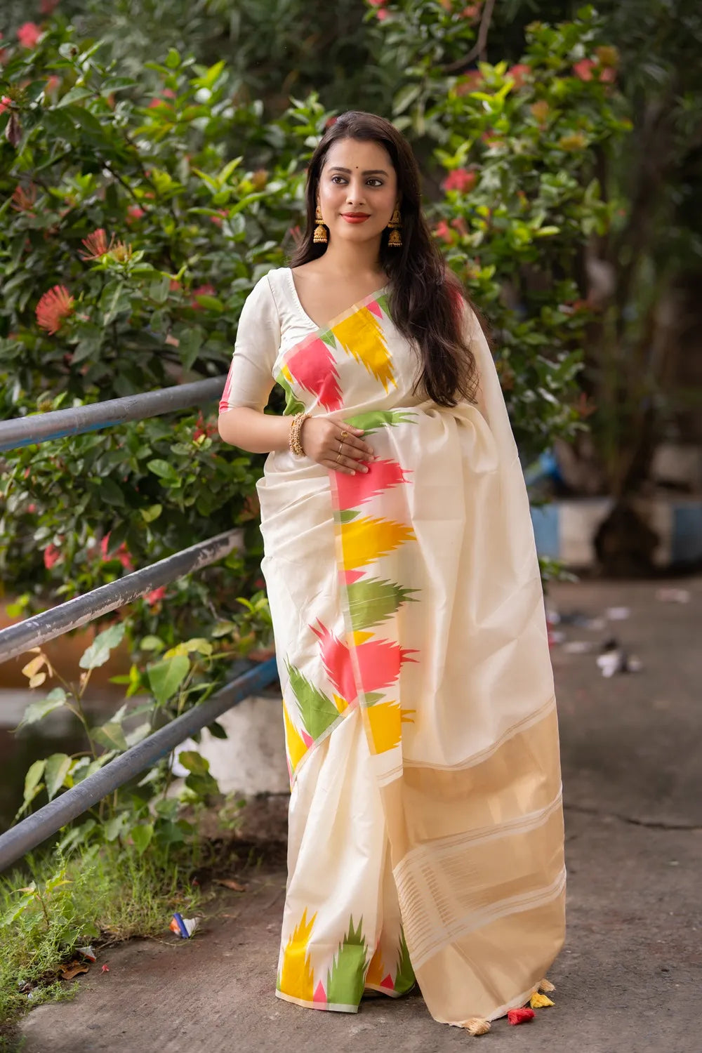 Soft Silk Handwoven Saree – Multicolour Temple Design with Zari Pallu & Tassels