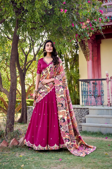 Lehenga Choli for Navratri | Silk Lehenga with Kalamkari Border | Designer Festive Wear (Dark Pink)