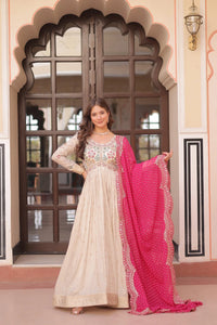 Trending Bandhani Printed Embroidered Gown with Dupatta | Jacquard & Georgette Gown Collection 2025 (Pink)