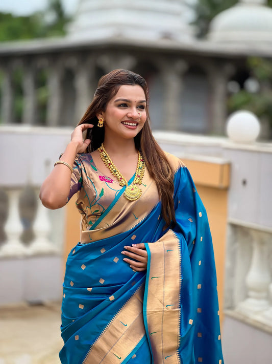 Buy Paithani Silk Saree Online | Zari Weaving Pethani Saree with Rich Meenakari Pallu