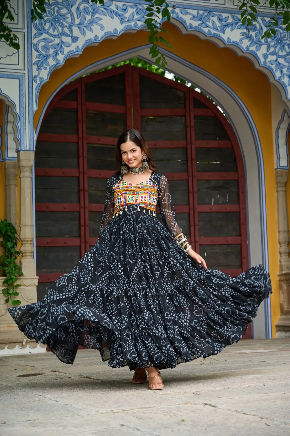 Bandhani Print work with kutchi patchework in Faux Georgette.