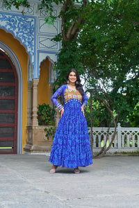Bandhani Print work with kutchi patchework in Faux Georgette. (Blue)
