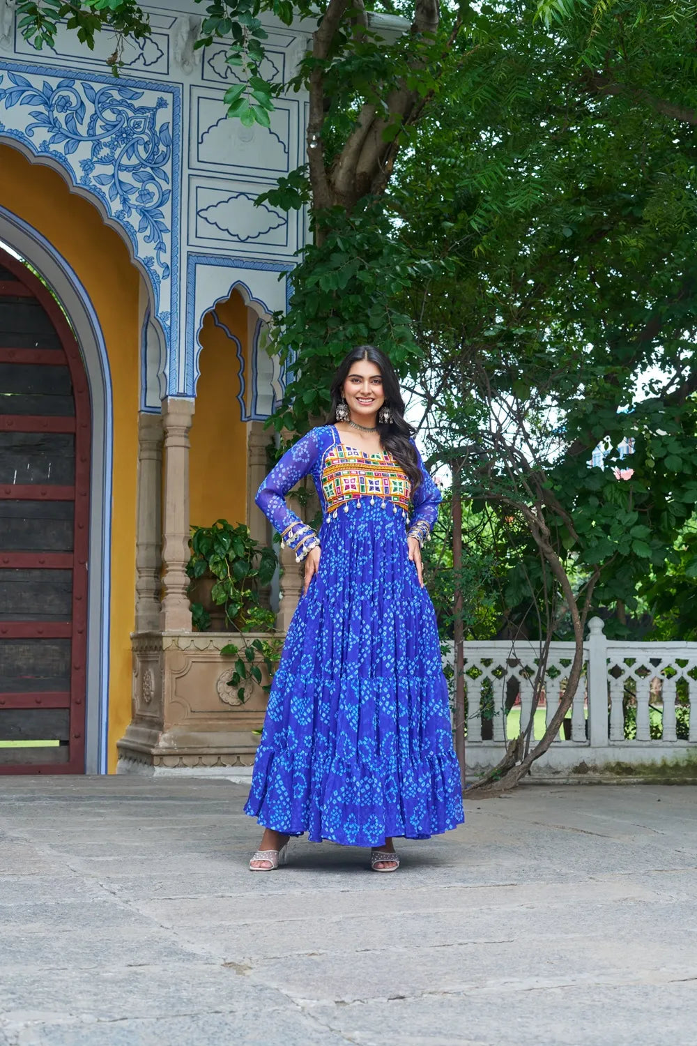 Bandhani Print work with kutchi patchework in Faux Georgette. (Blue)