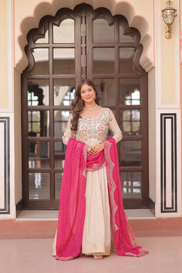Trending Bandhani Printed Embroidered Gown with Dupatta | Jacquard & Georgette Gown Collection 2025 (Pink)