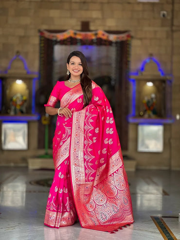 Banarasi Silk Saree with Zari & Meenakari – Premium Wedding Collection (Pink)
