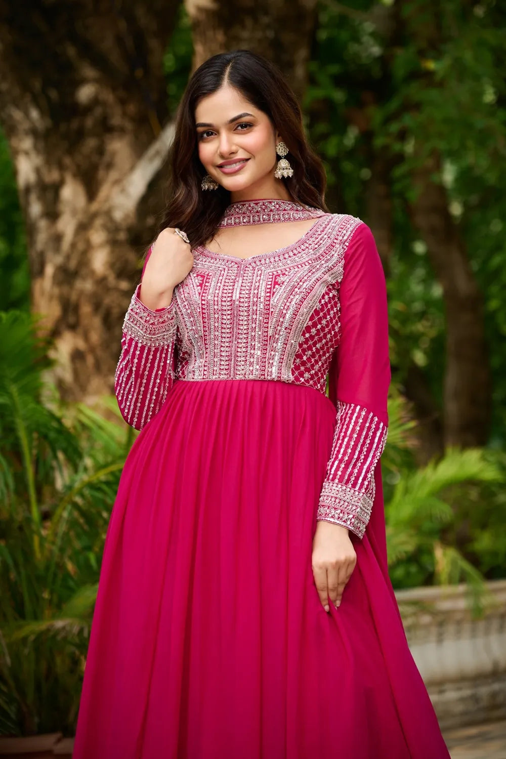 Indian Ethnic Star Georgette Gown with Dupatta – Embroidery & Sequins Work (Pink)