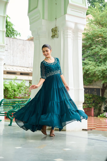 Trendy Embroidered Gown for Women | Half Sleeves & Round Neck Designer Party Gown
