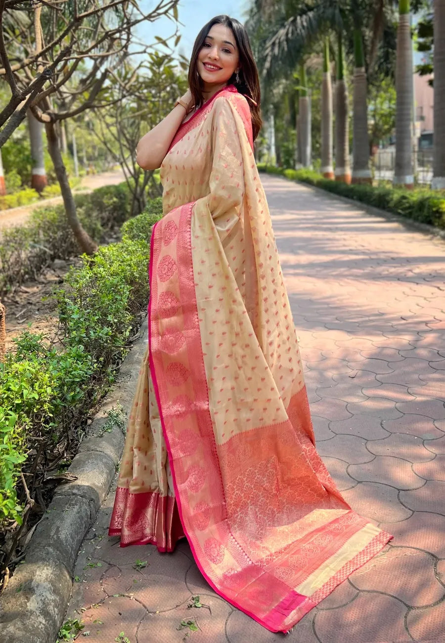 Budget Friendly Tissue Zari Woven Saree | Kanchipuram Pattu Traditional Saree (Biege)