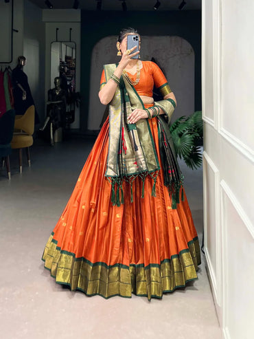 Silk Paithani Lehenga Choli | Jacquard Silk Zari Weaving Lehenga for Weddings & Festive Wear (Orange)