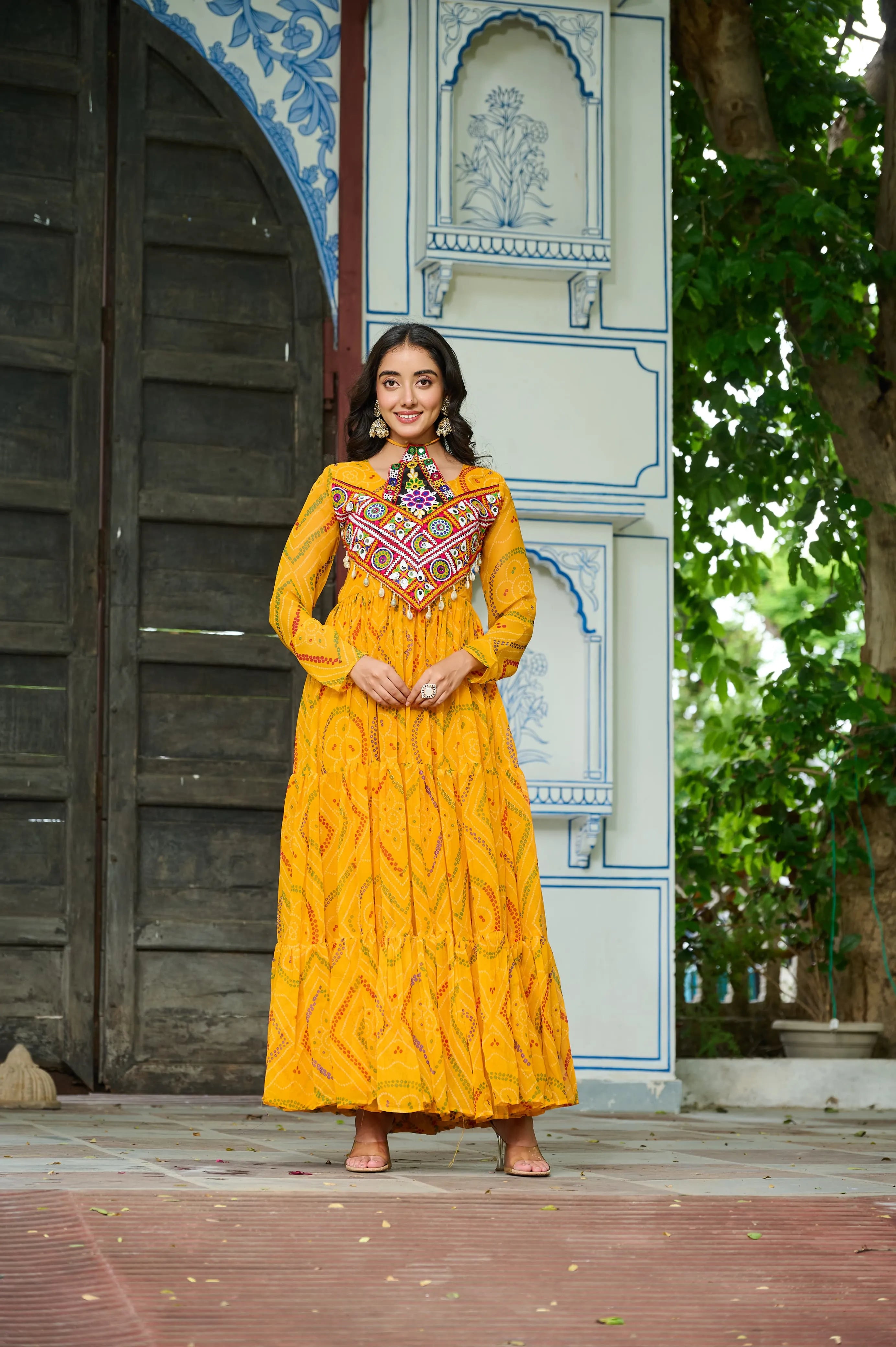 Navratri Collection 2025 | Bandhani Print Work Gown with Kutchi Patchwork | Full Sleeves Festive Gown