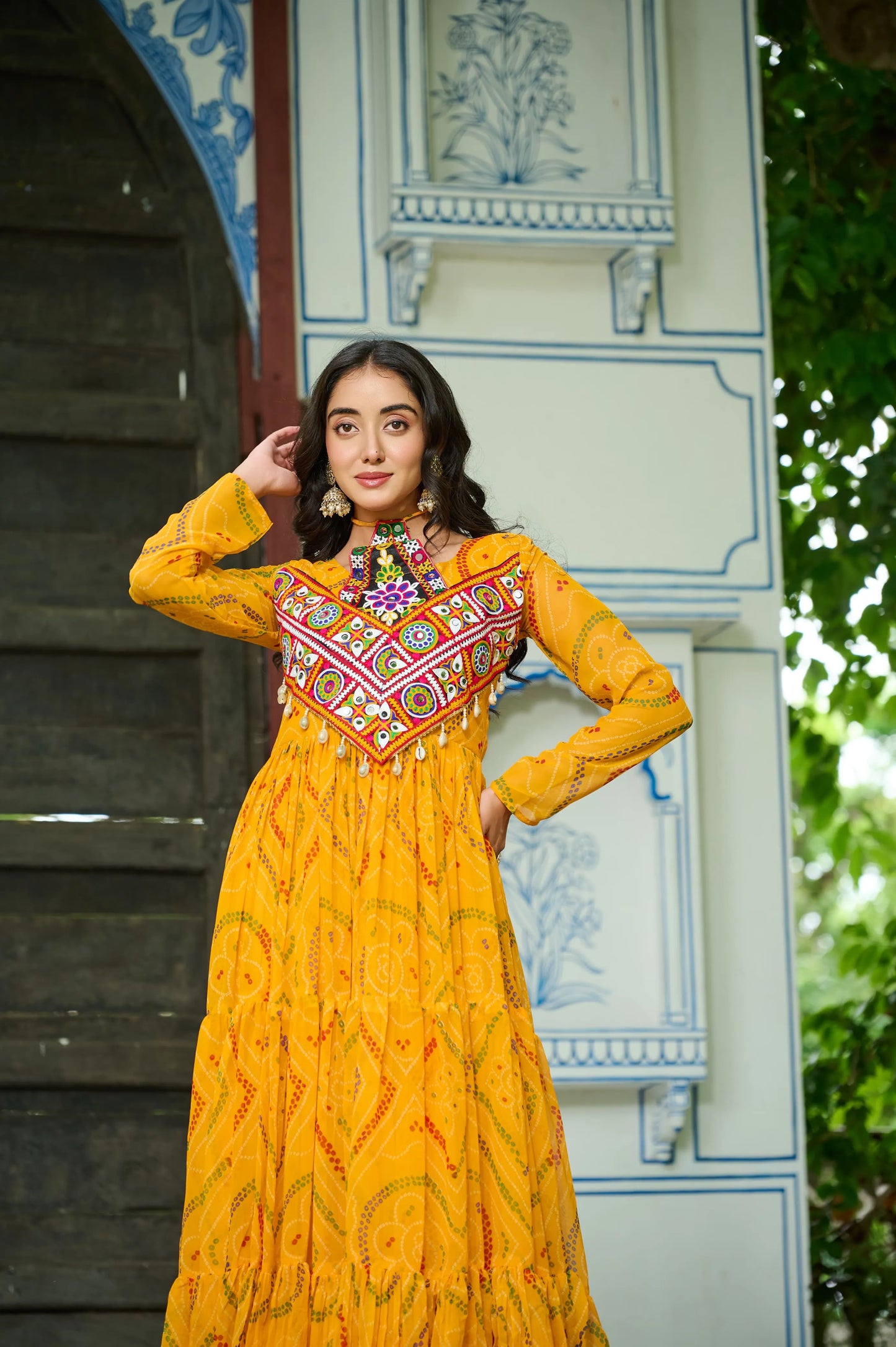 Navratri Collection 2025 | Bandhani Print Work Gown with Kutchi Patchwork | Full Sleeves Festive Gown