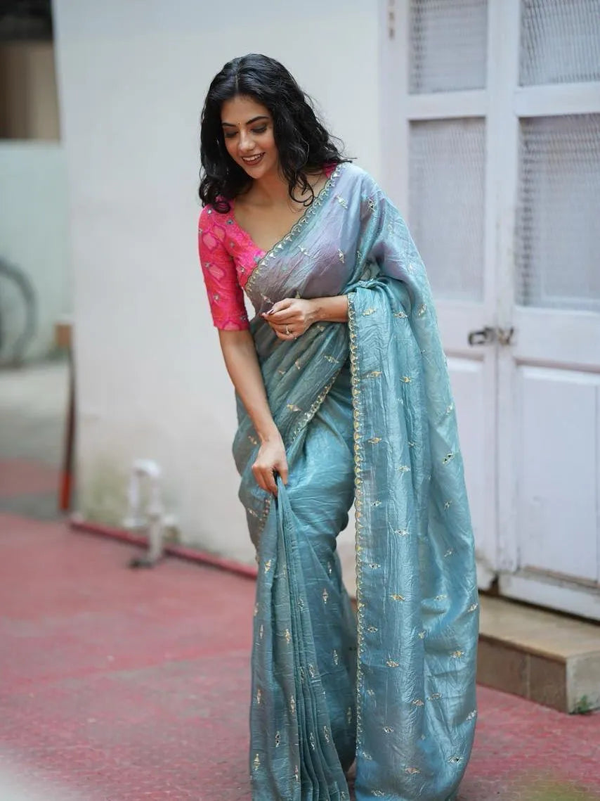 Premium Sequins Saree for Women – Twill Net with 3mm Sequence Work & Gold Zari