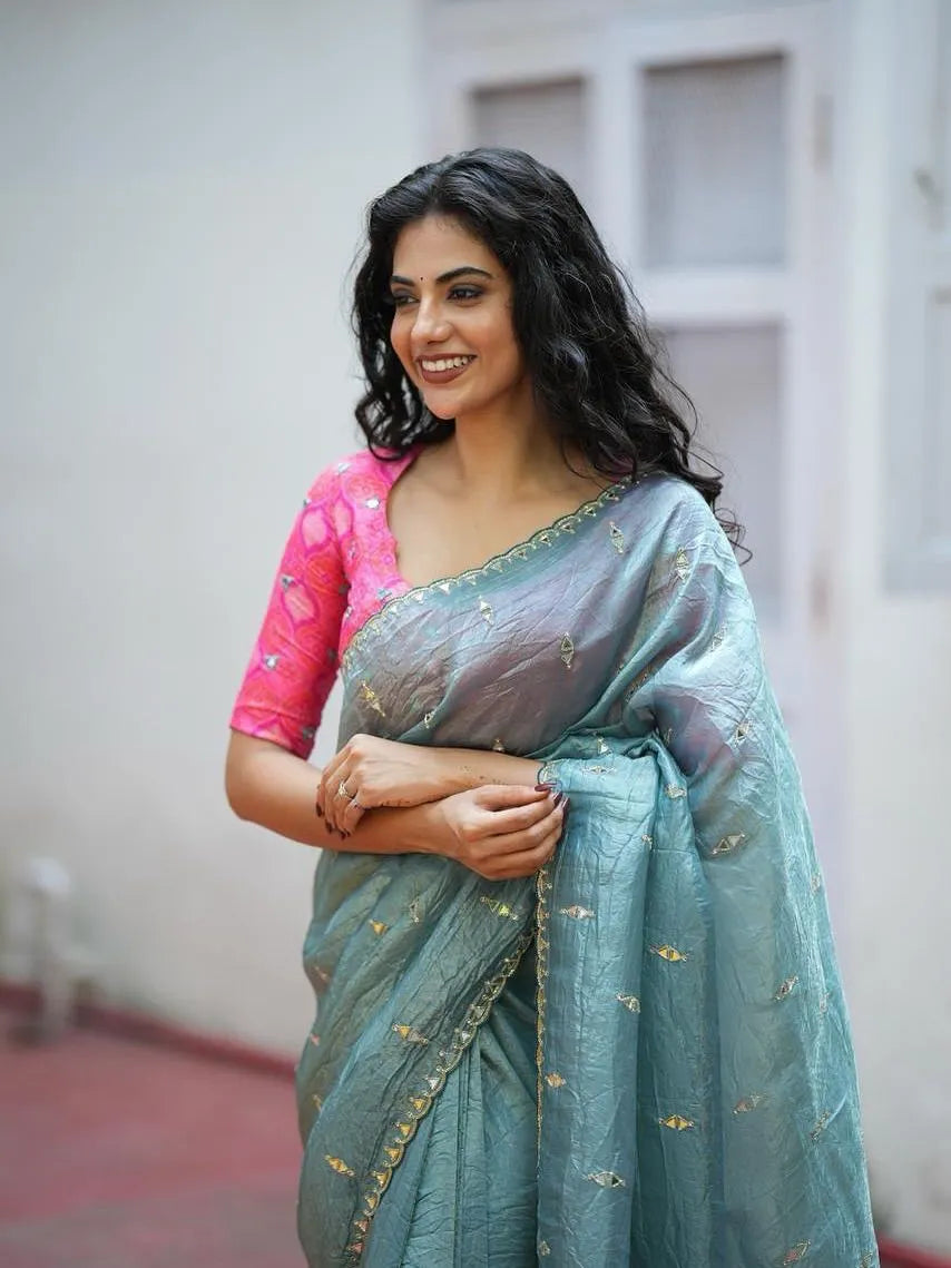 Premium Sequins Saree for Women – Twill Net with 3mm Sequence Work & Gold Zari