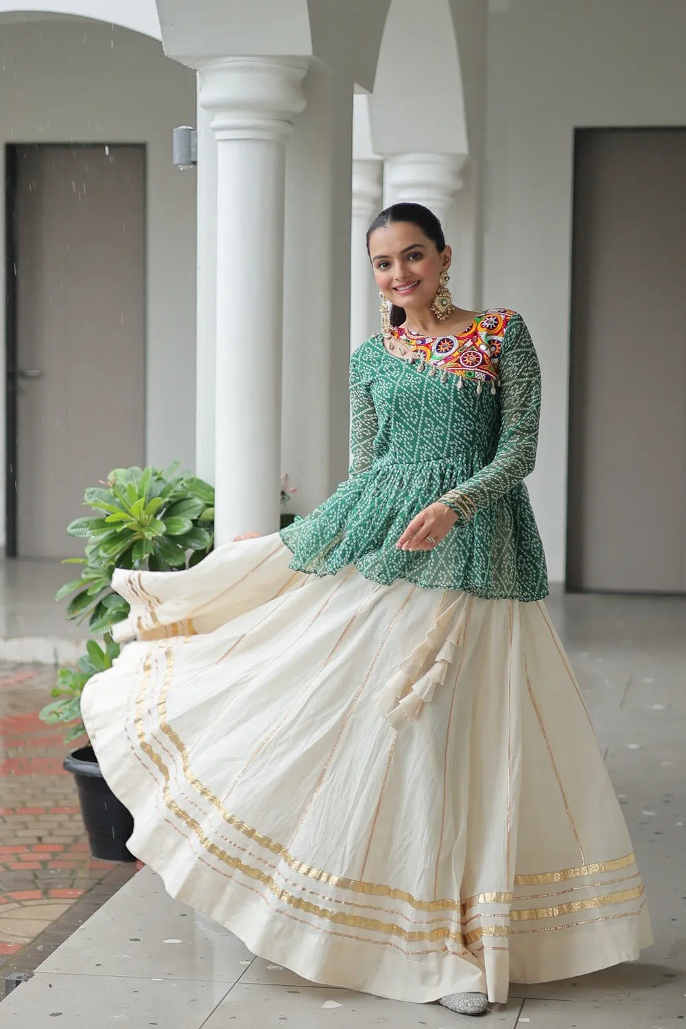 Navratri Cotton Lehenga Choli Online | Traditional Gota Patti & Bandhani Work (Green)