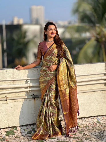 Dharmavaram Silk Saree with Meenakari | Premium Wedding Silk Sarees Online (Olive Green)