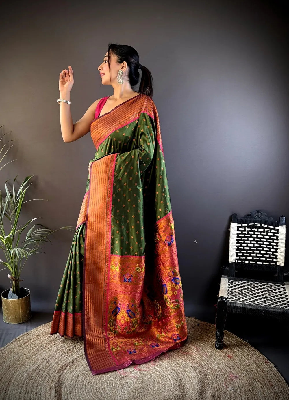 Paithani Silk Saree with Rich Copper Zari Weaving & Free Blouse (Olive Green)