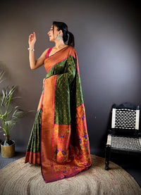 Paithani Silk Saree with Rich Copper Zari Weaving & Free Blouse (Olive Green)