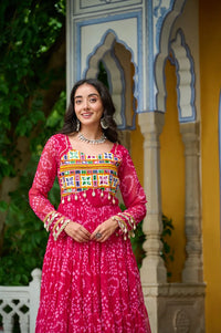 Bandhani Print work with kutchi patchework in Faux Georgette. (Pink)