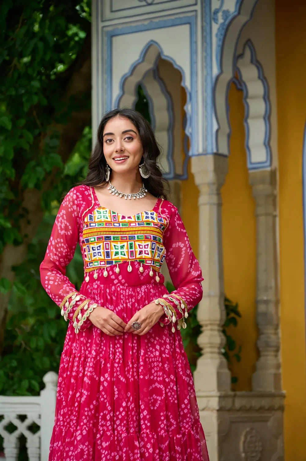 Bandhani Print work with kutchi patchework in Faux Georgette. (Pink)