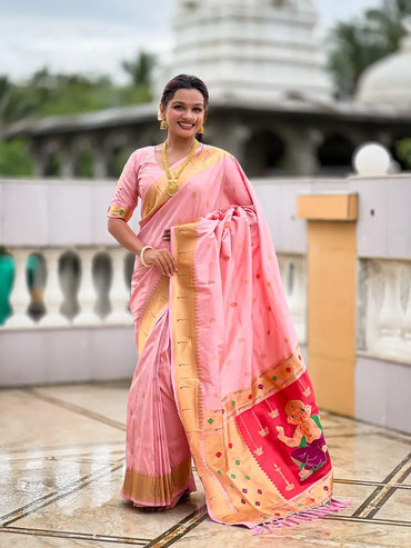 Traditional Paithani Silk Saree with Ganapati Pallu & Zari Weaving (Pink)