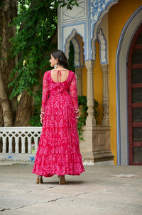 Bandhani Print work with kutchi patchework in Faux Georgette. (Pink)