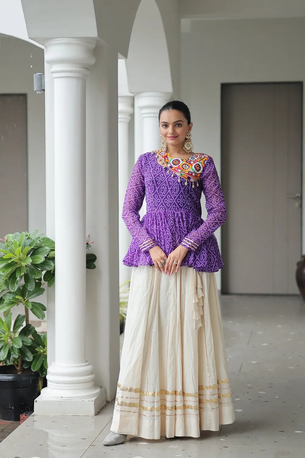 Navratri Cotton Lehenga Choli Online | Traditional Gota Patti & Bandhani Work (Purple)