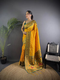 Pure Paithani Saree with Peacock & Deer Pallu – Traditional Maharashtrian Weave (Yellow)