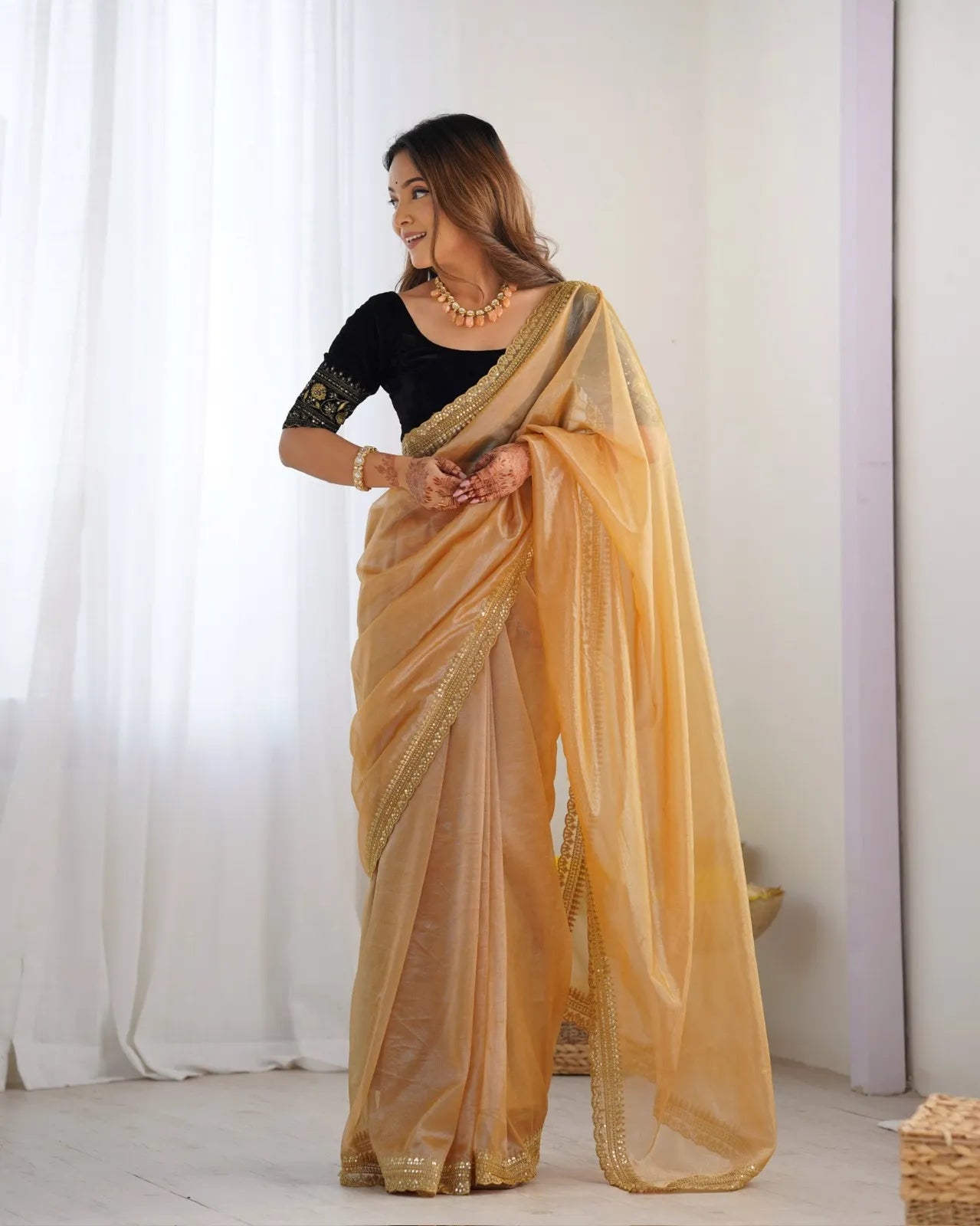 Beautiful light weight dola tussar silk sarees with all over temple  design  along with zari border (Yellow)