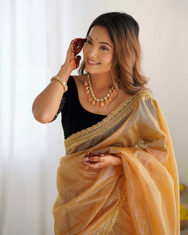 Beautiful light weight dola tussar silk sarees with all over temple  design  along with zari border (Yellow)
