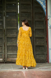 Bandhani Print work with kutchi patchework in Faux Georgette. (Yellow)